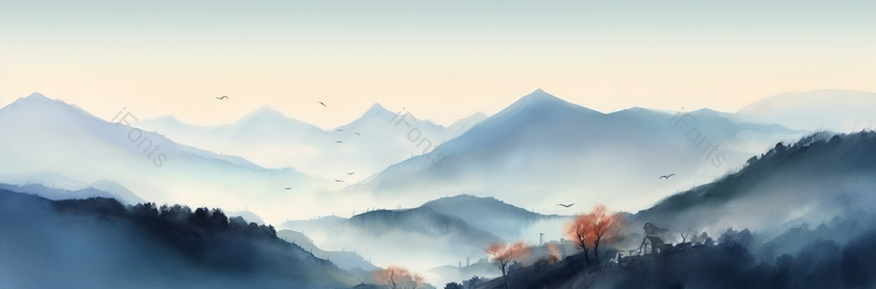 中国风薄暮淡彩色水墨画,新中式渐变水墨插画,插画/手绘图,插画/手绘图库,插画/手绘图下载,插画/手绘